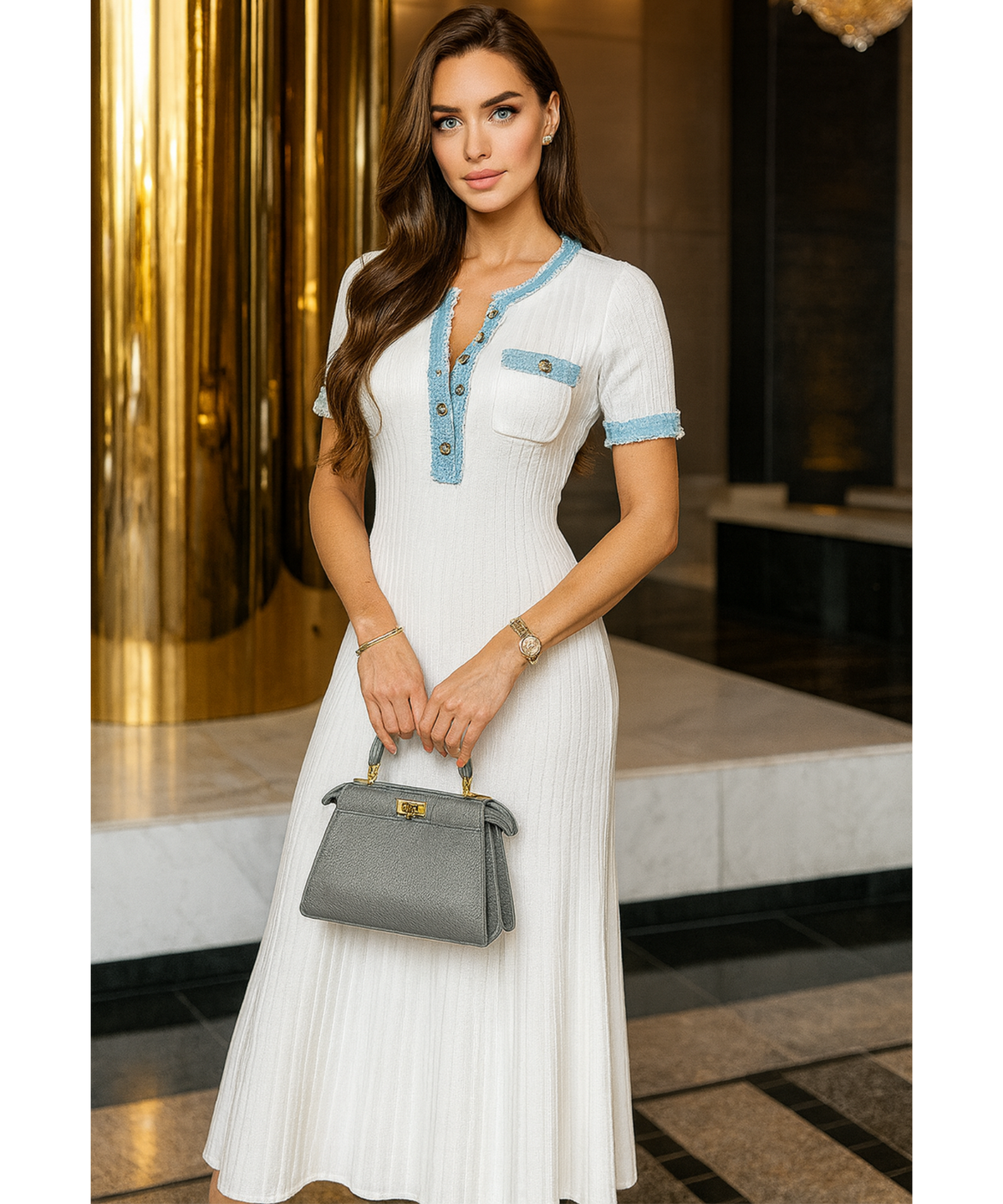 Vestido Midi Branco Canelado Feminino Elegante Verão | Lua