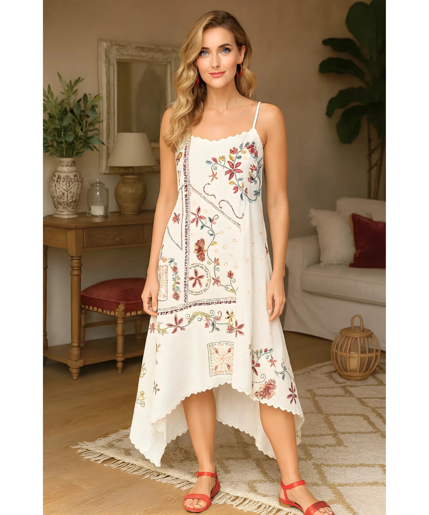 Vestido Midi Feminino Bordado Boho Assimétrico | Joh