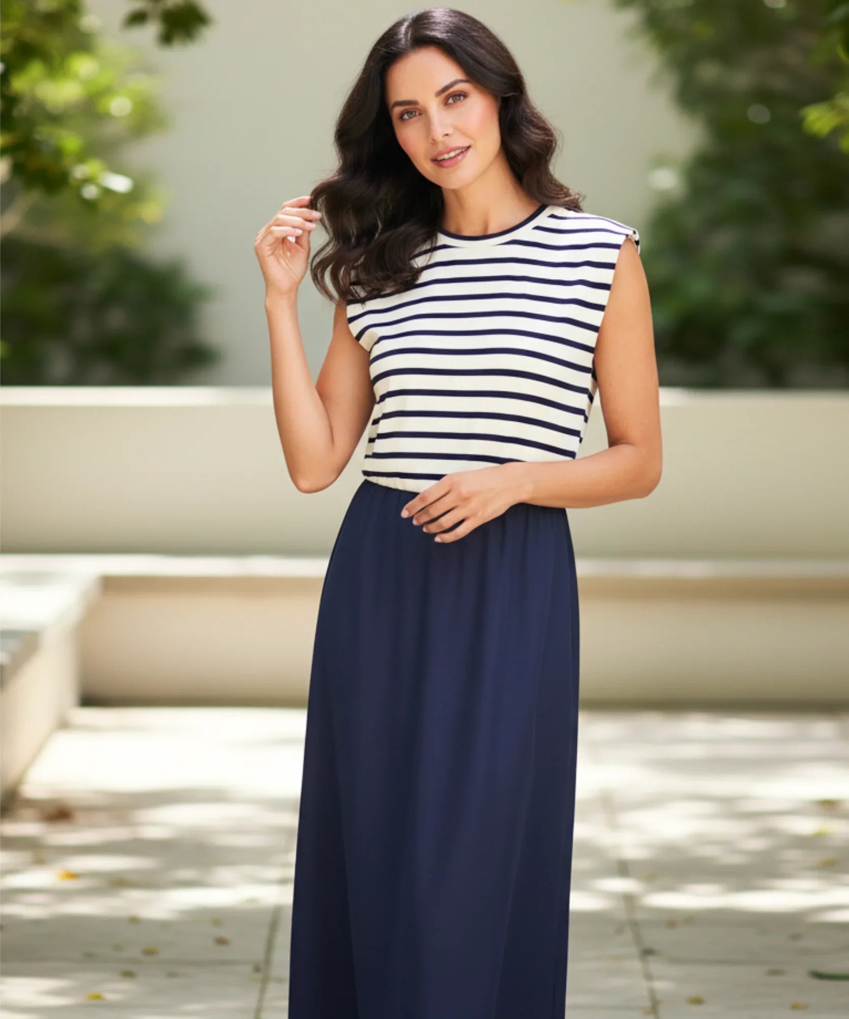 Vestido Midi Feminino Listrado Casual de Malha Elegante | Nellie