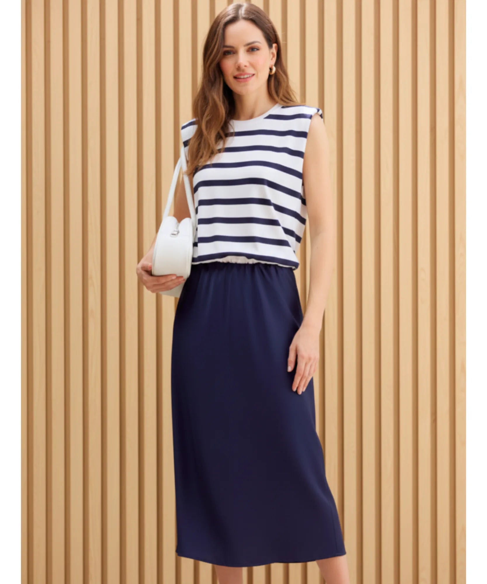 Vestido Midi Feminino Listrado Casual de Malha Elegante | Nellie