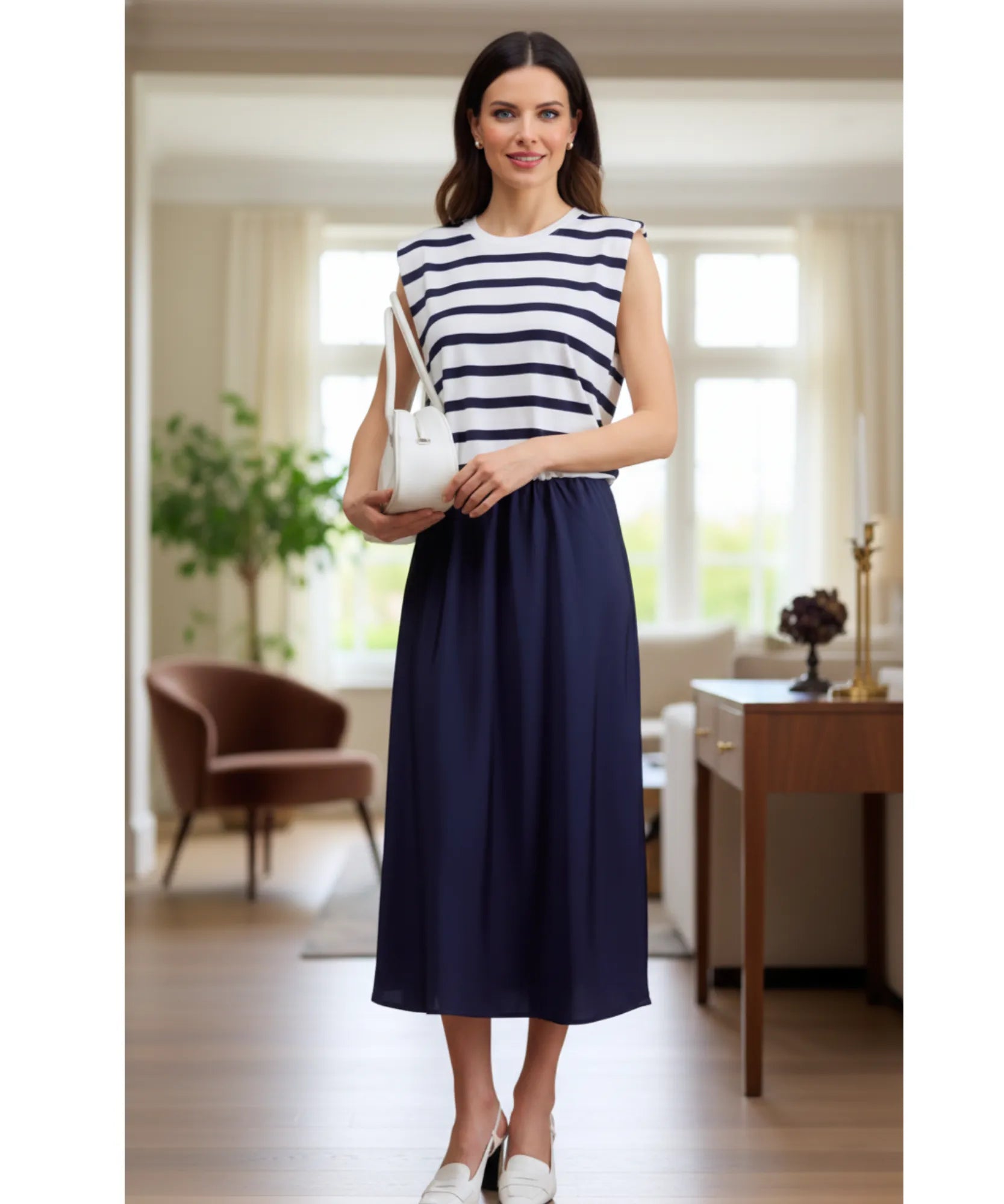 Vestido Midi Feminino Listrado Casual de Malha Elegante | Nellie