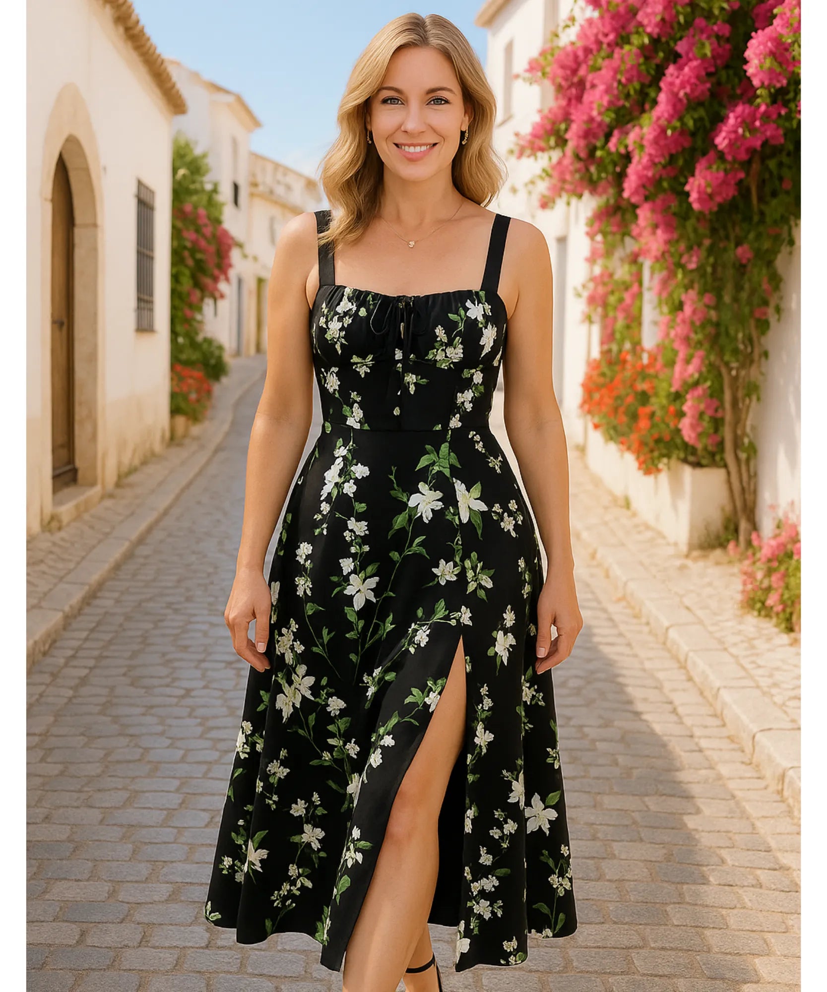 Vestido Midi Floral Alças Amarração Costas Festa Elegante | Empire
