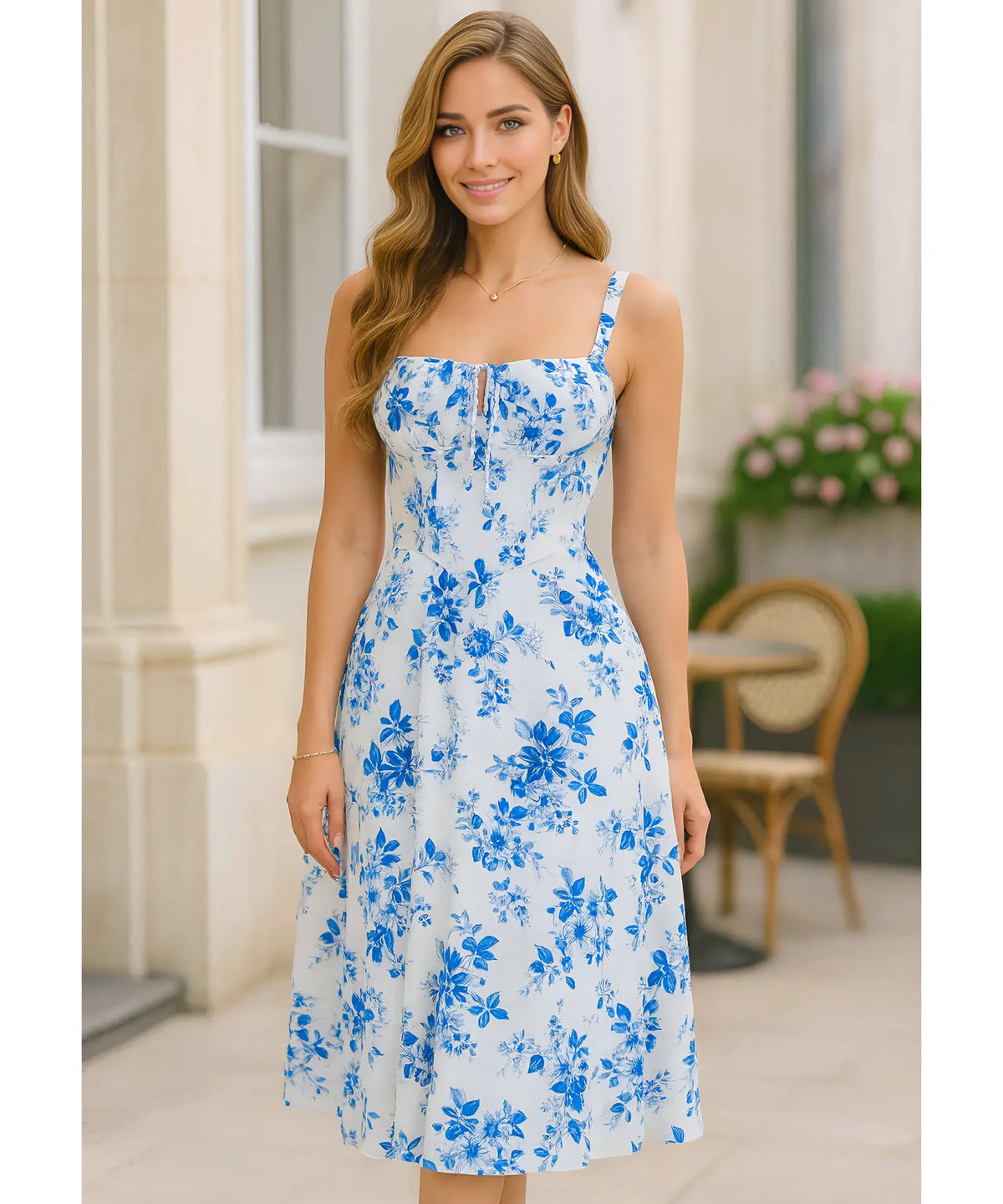 Vestido Midi Floral Alças Amarração Costas Festa Elegante | Empire