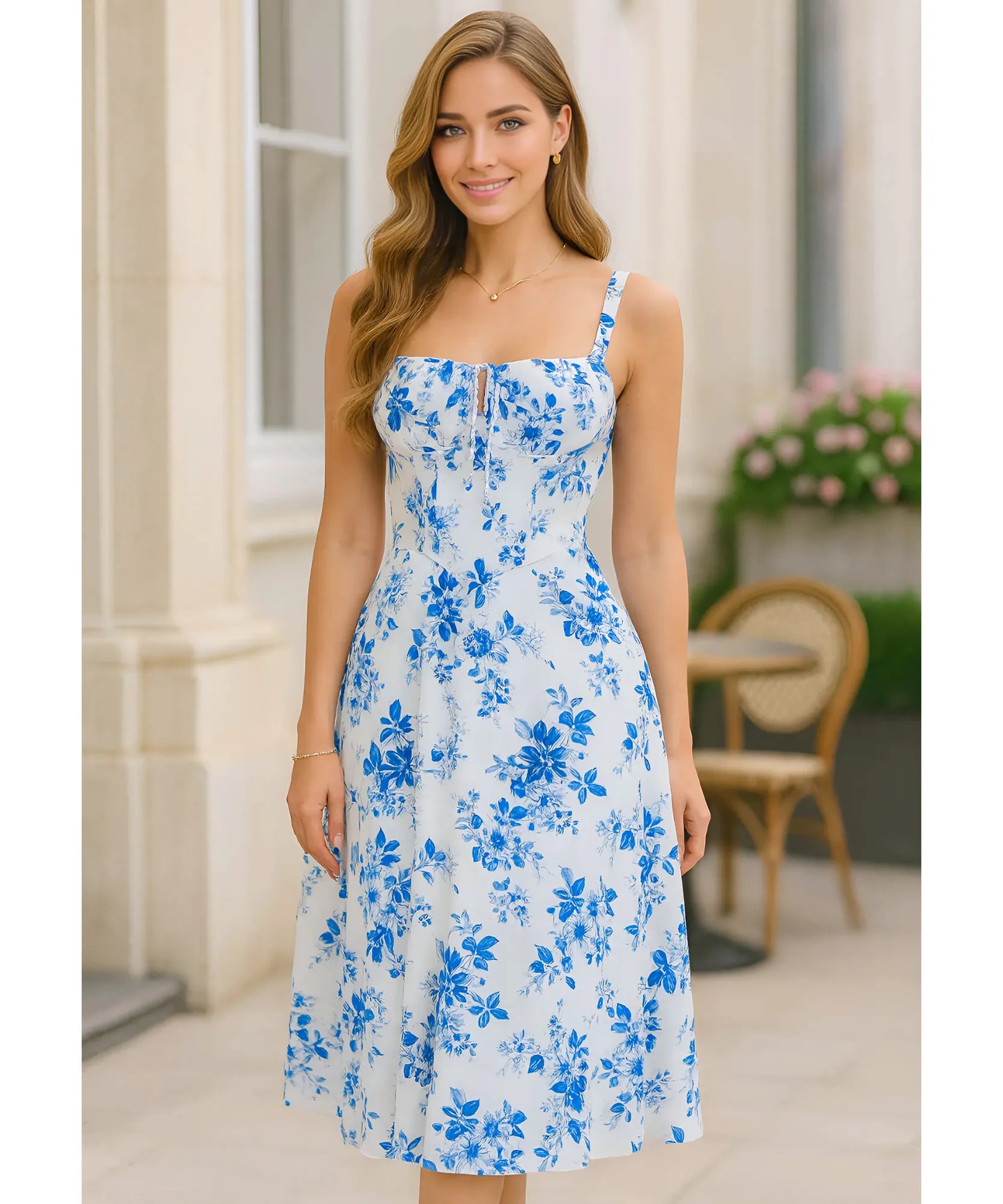 Vestido Midi Floral Alças Amarração Costas Festa Elegante | Empire