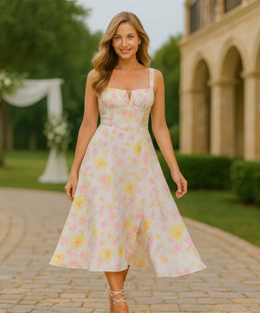 Vestido Midi Floral Alças Amarração Costas Festa Elegante | Empire