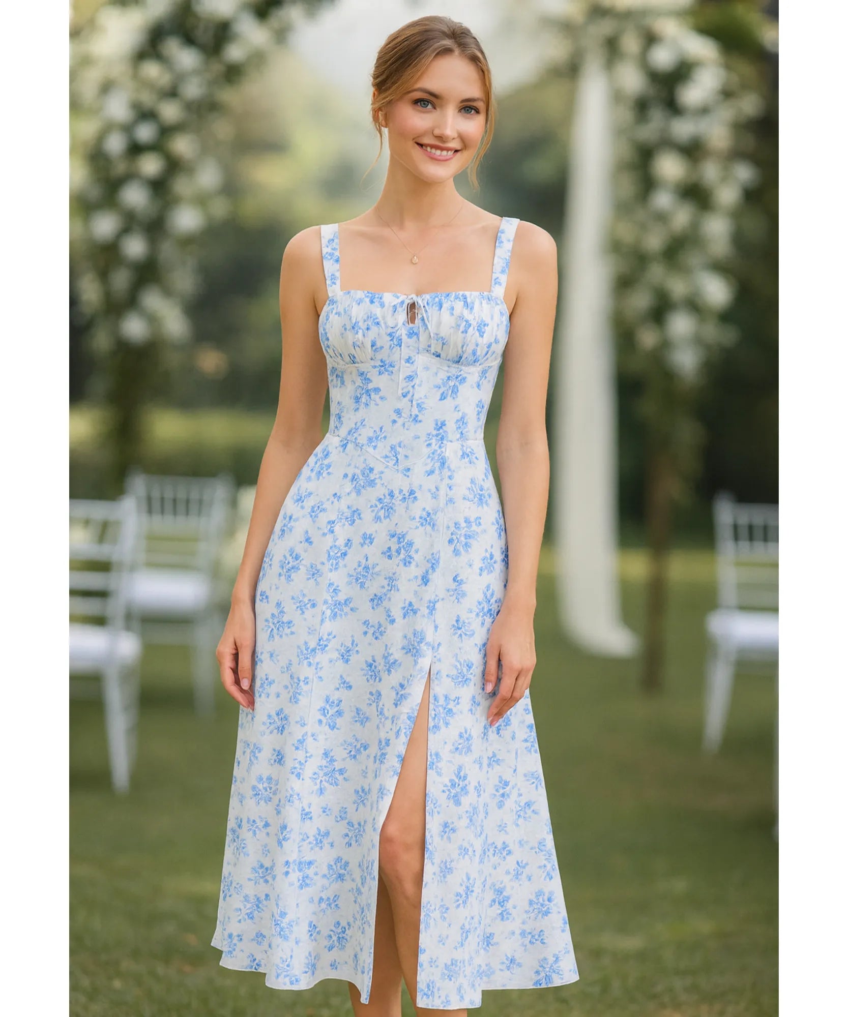 Vestido Midi Floral Alças Amarração Costas Festa Elegante | Empire