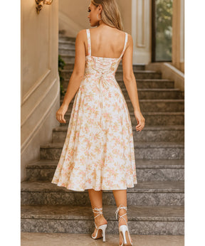 Vestido Midi Floral Alças Amarração Costas Festa Elegante | Empire