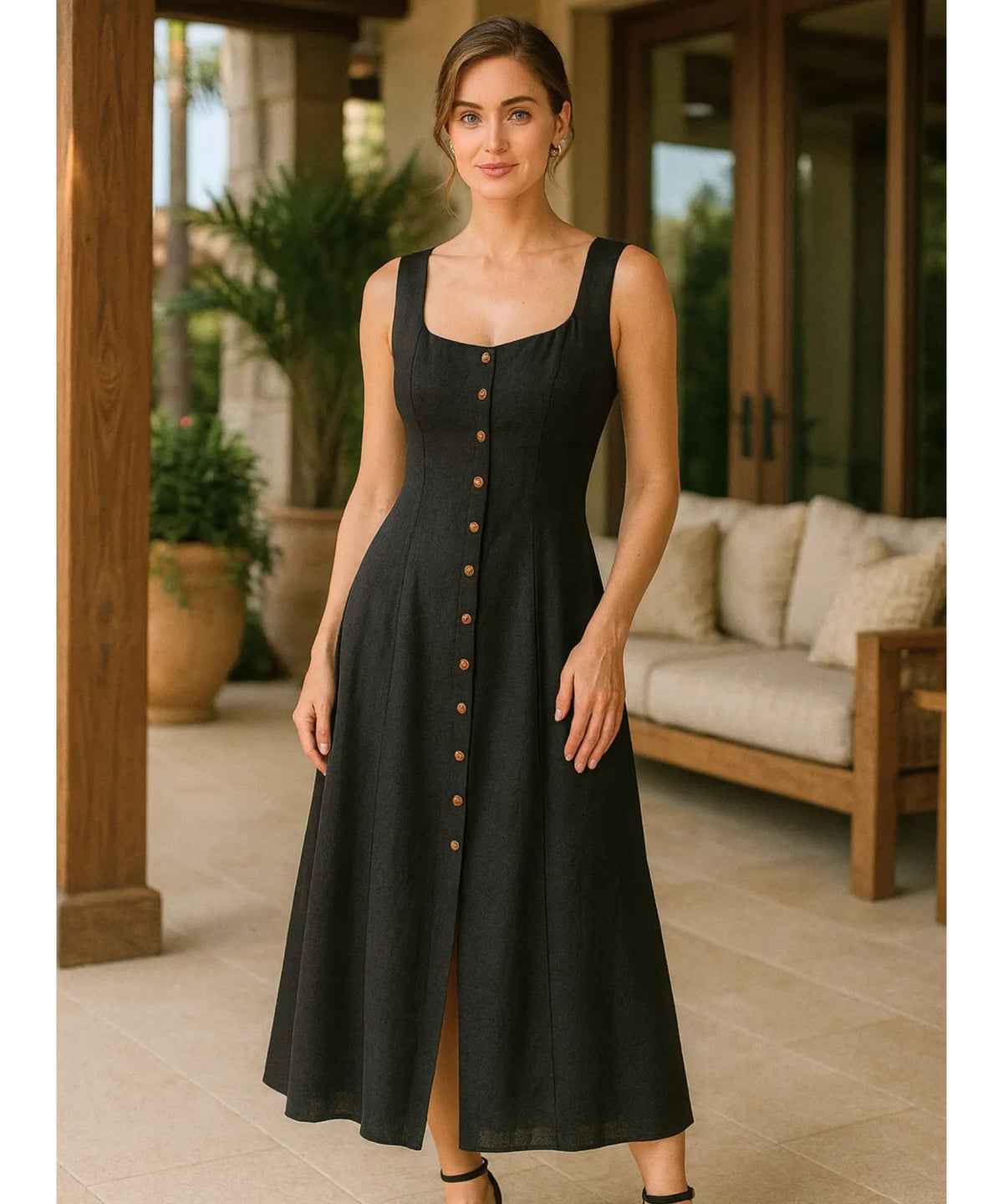 Vestido Midi Linho Botões Frontais Alças Verão | Helô