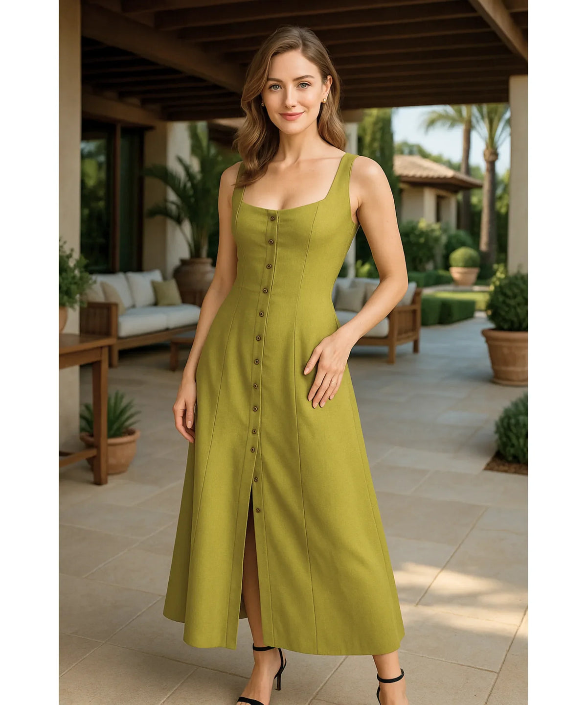 Vestido Midi Linho Botões Frontais Alças Verão | Helô