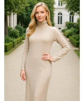 Vestido Longo de Tricot com Gola Alta Feminino Elegante | Jamila