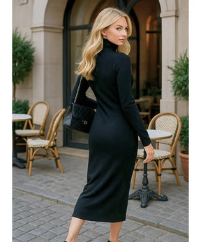 Vestido Longo de Tricot com Gola Alta Feminino Elegante | Jamila