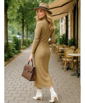 Vestido Longo de Tricot com Gola Alta Feminino Elegante | Jamila