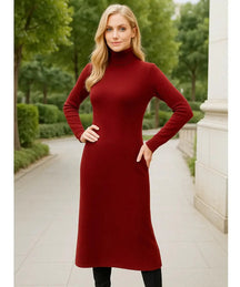 Vestido Longo de Tricot com Gola Alta Feminino Elegante | Jamila